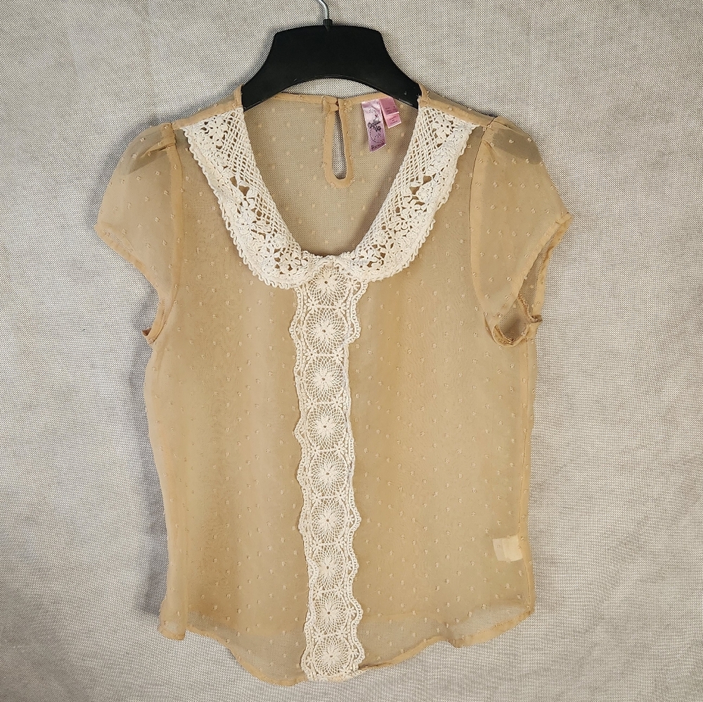 Dolled Up Elegant Cream Sheer Lace Trim Blouse